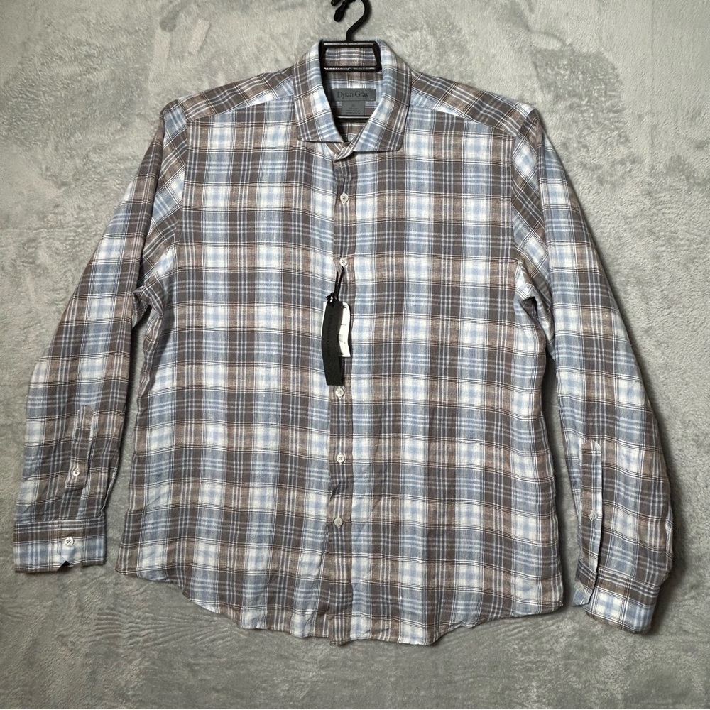 Dylan Gray‎ Linen Shirt Mens Size XL Plaid Button Up Preppy Business Casual Work